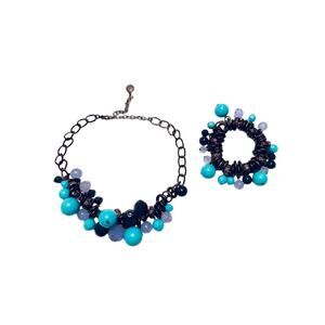 Chunky Beaded Bobble Copper Tone and Blue Necklace Bracelet Set